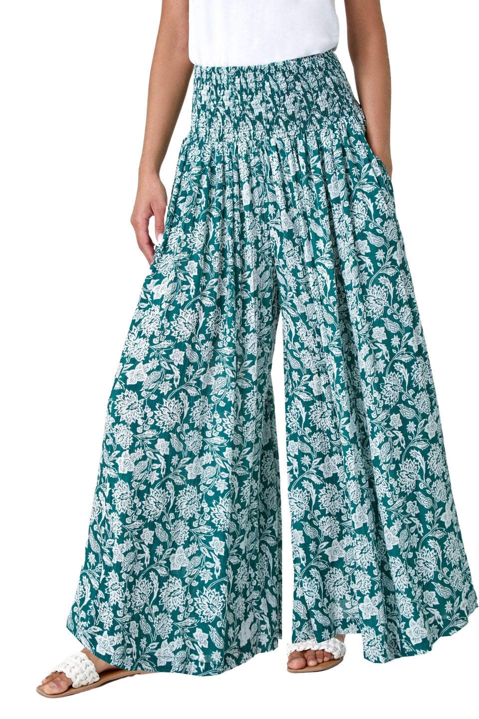 Roman Green Floral Leaf Shirred Palazzo Stretch Trouser