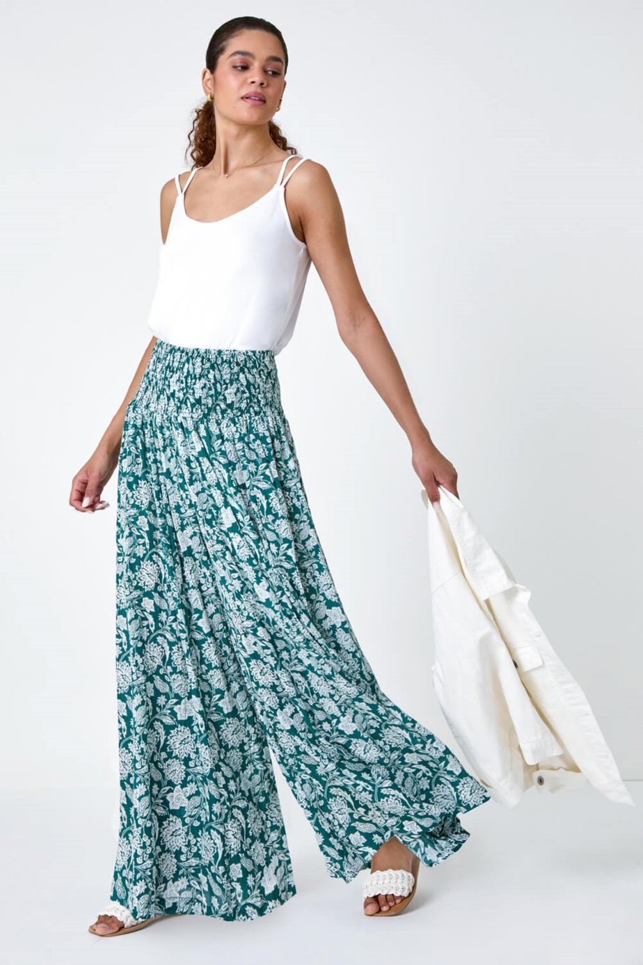 Roman Green Floral Leaf Shirred Palazzo Stretch Trouser