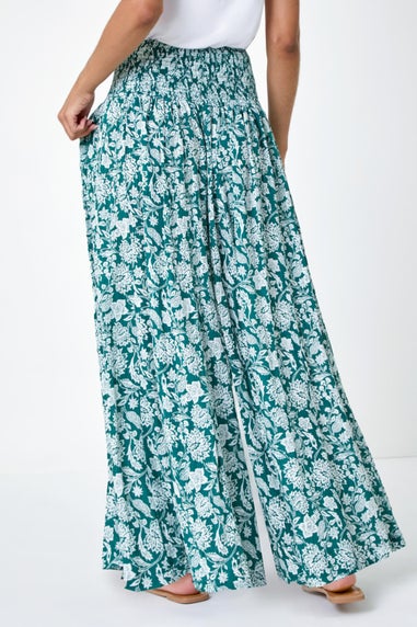 Roman Green Floral Leaf Shirred Palazzo Stretch Trouser