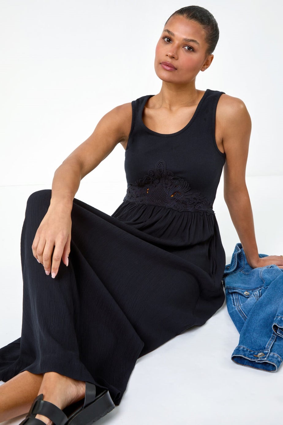 Roman Black Cotton Blend Lace Detail Midi Dress