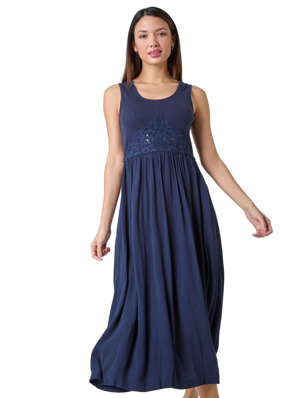 Roman Navy Cotton Blend Lace Detail Midi Dress