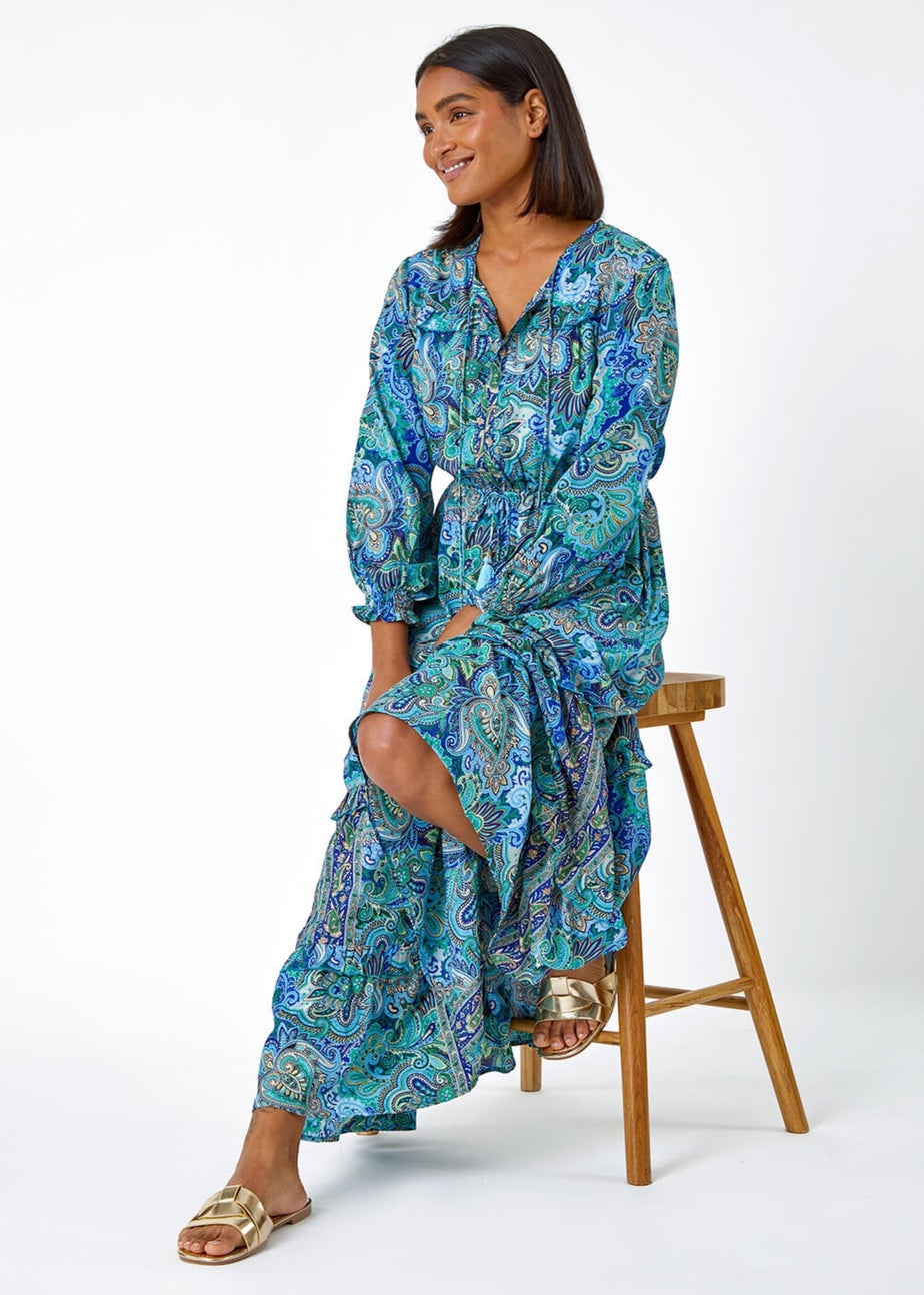 Roman Blue Paisley Print Tassel Frill Hem Maxi Dress