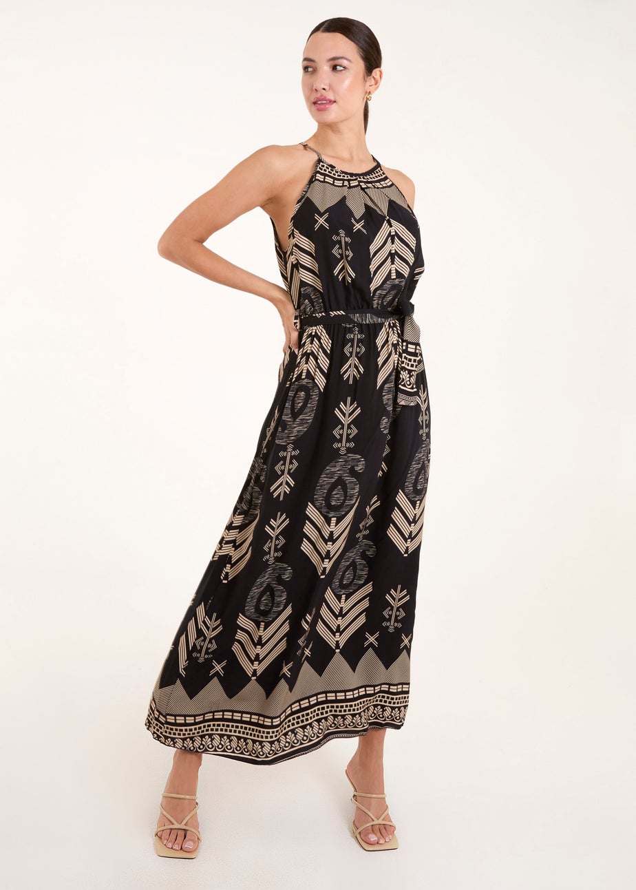 Blue Vanilla Black Abstract Halter Neck Belted Maxi Dress
