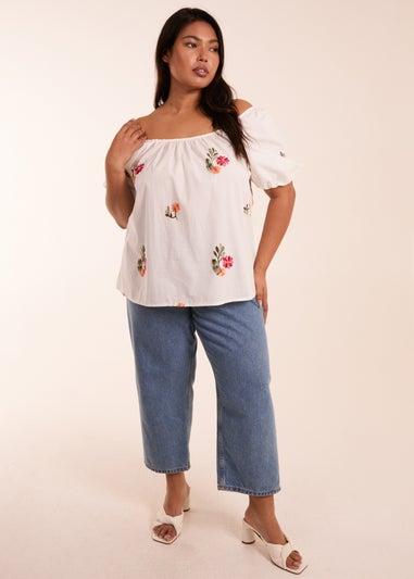 Blue Vanilla White Curve Milkmaid Flower Embroidered Top