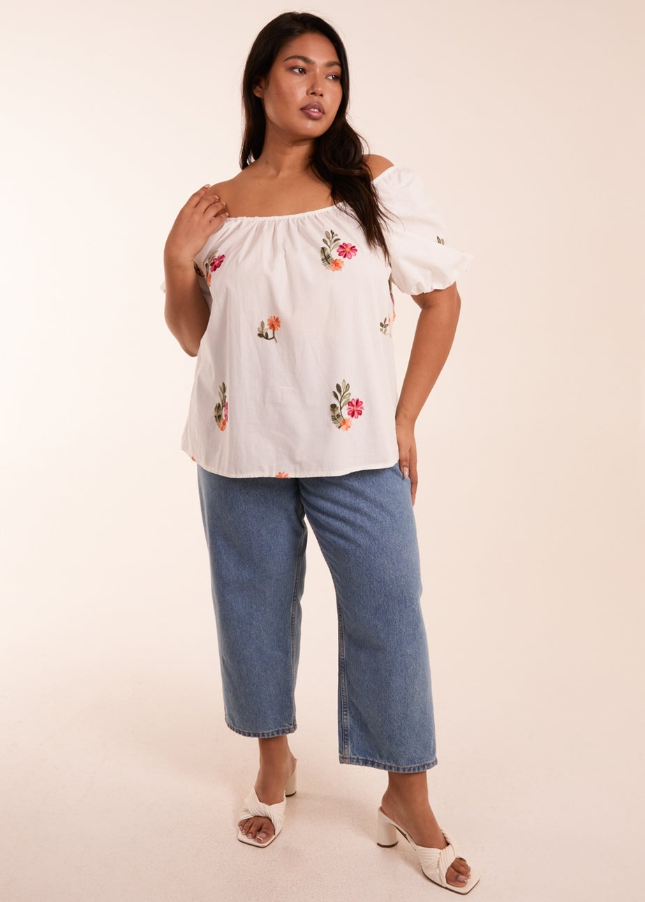 Blue Vanilla White Curve Milkmaid Flower Embroidered Top