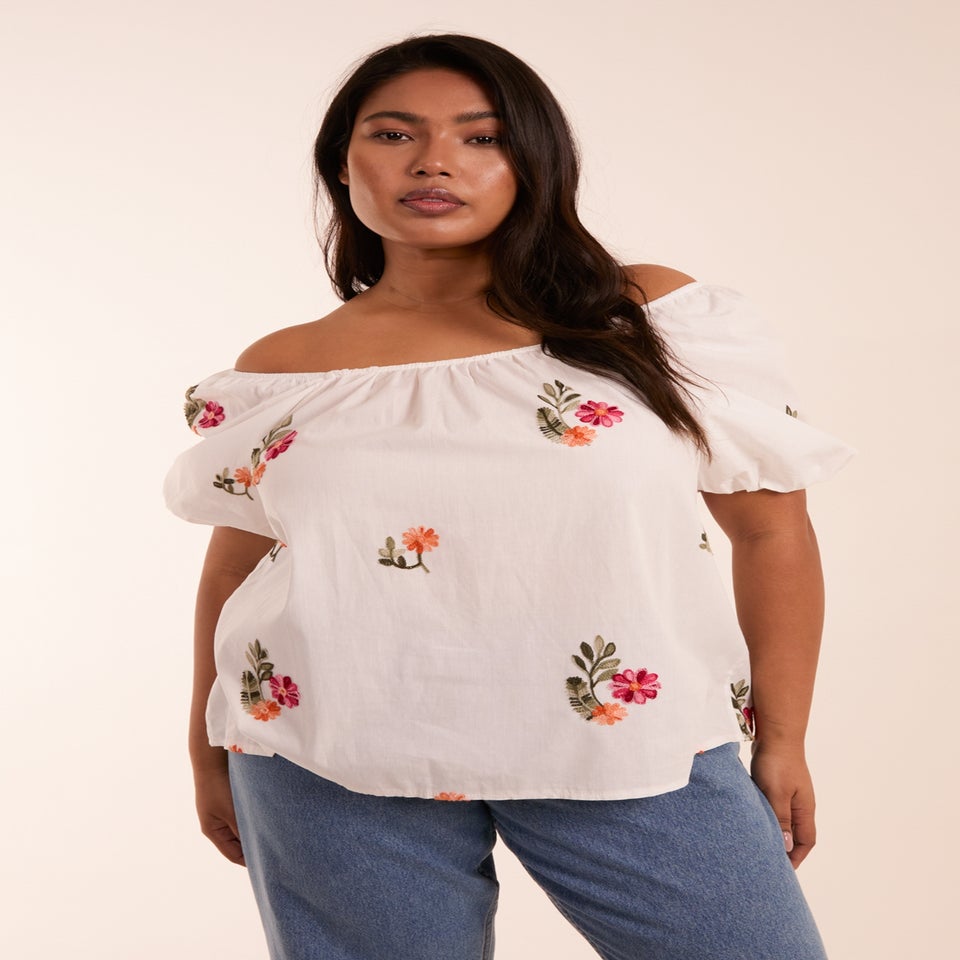 Blue Vanilla White Curve Milkmaid Flower Embroidered Top
