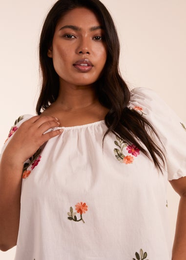 Blue Vanilla White Curve Milkmaid Flower Embroidered Top