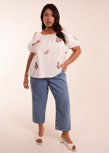 Blue Vanilla White Curve Milkmaid Flower Embroidered Top