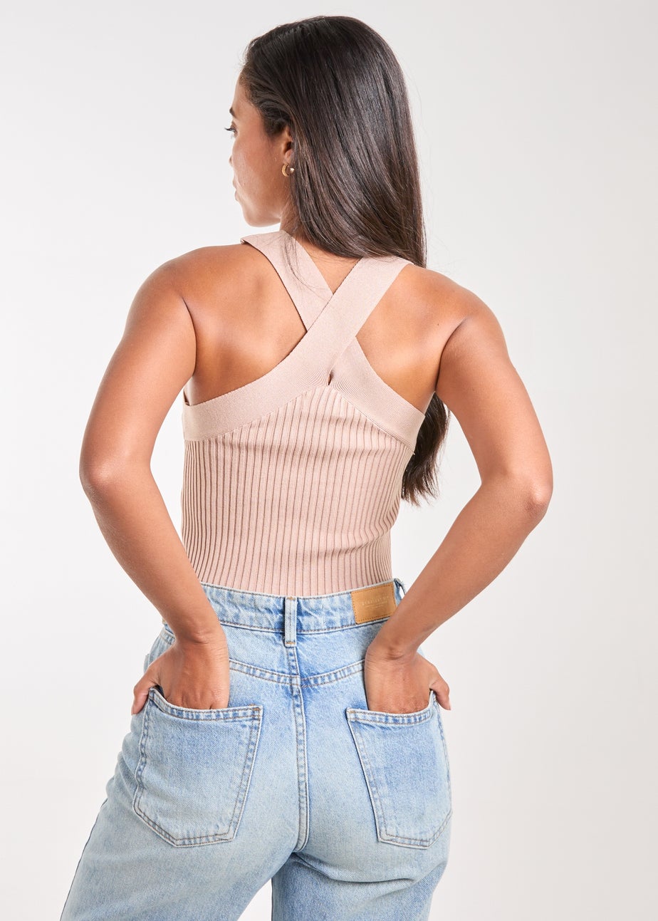 Pink Vanilla Beige Ribbed Sleeveless Halter Neck Top