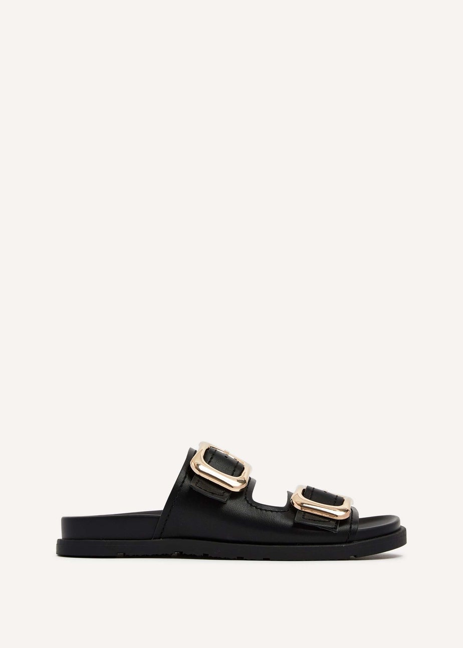 Linzi Denver Black Faux Leather Double Buckle Footbed Slider