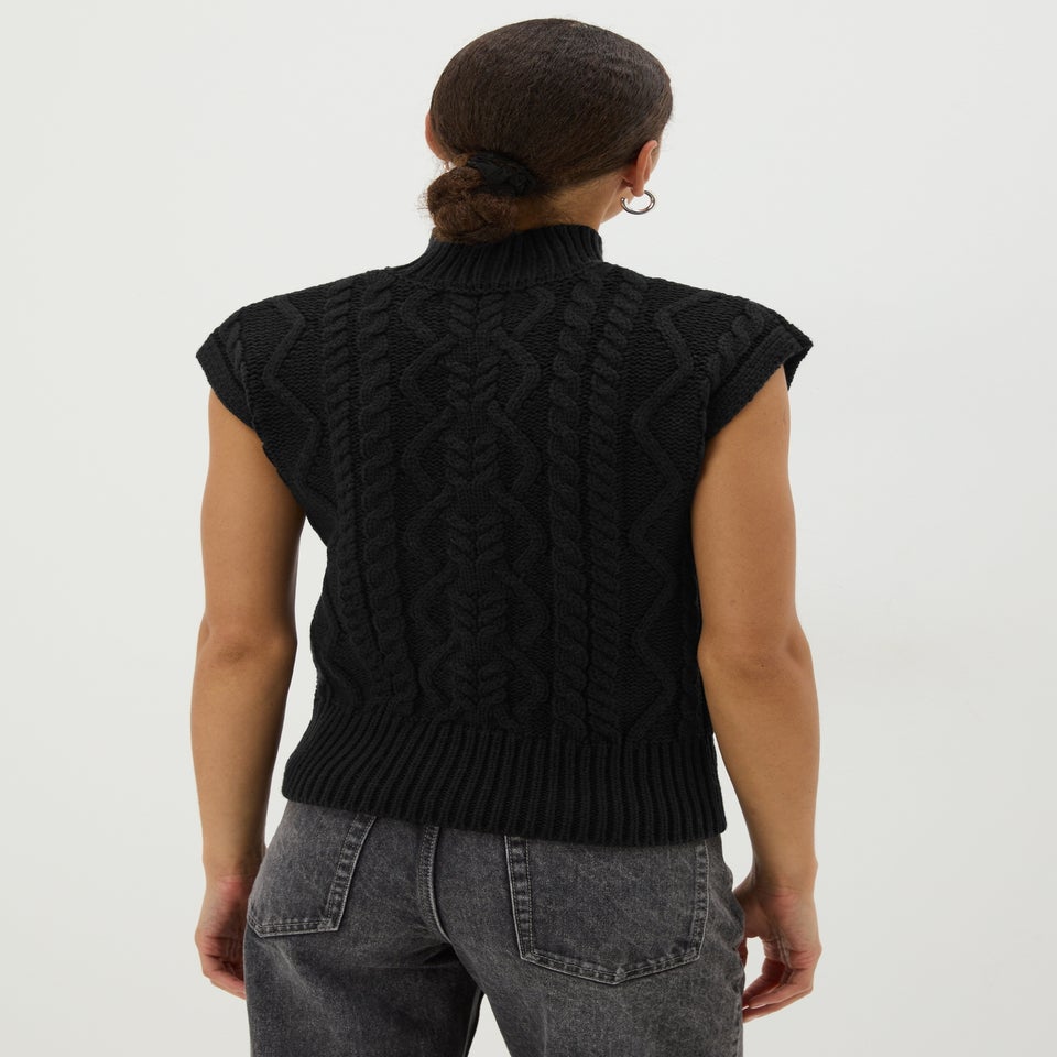 Black High Neck Cable Knit Vest