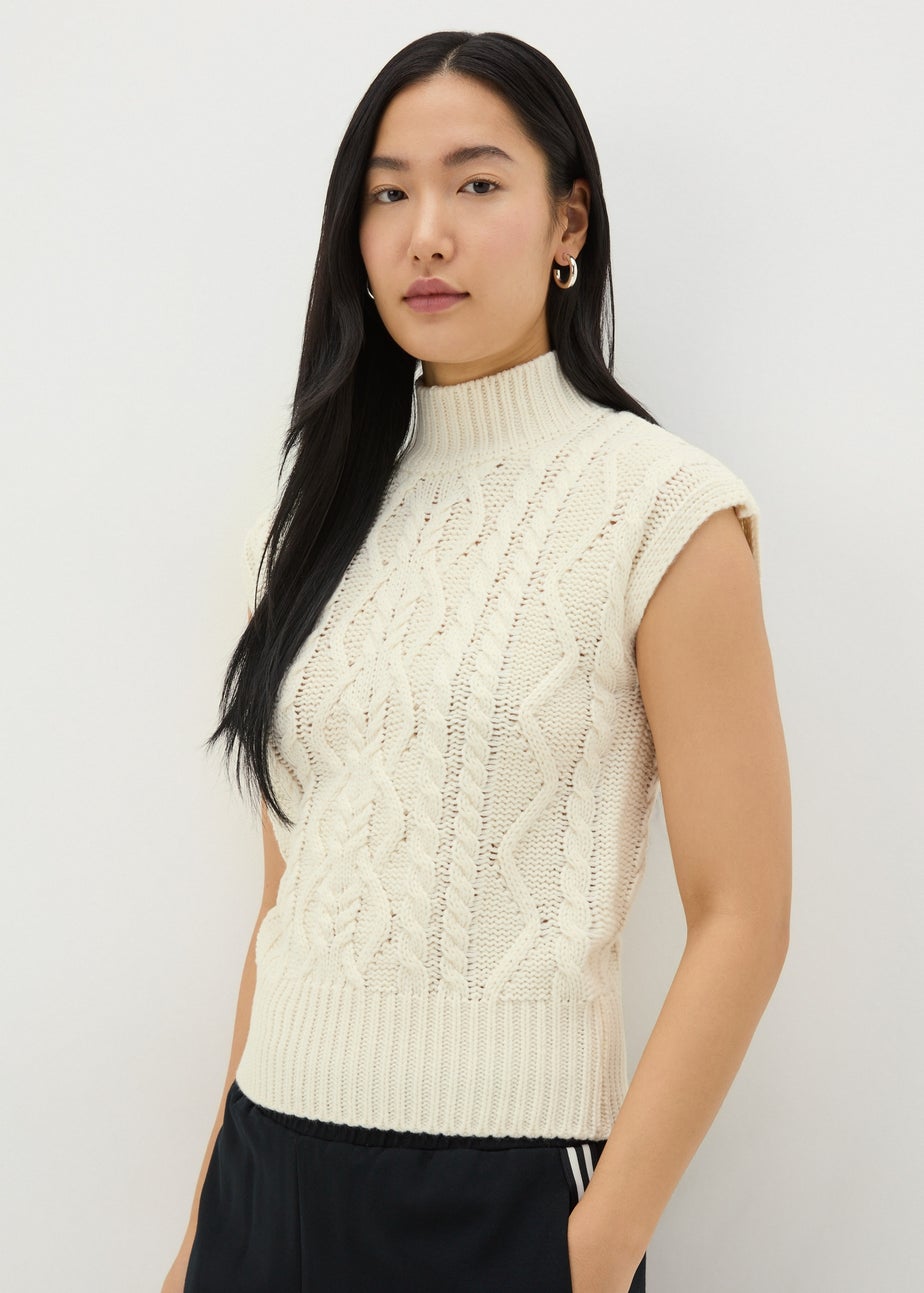 Cream High Neck Cable Knit Vest