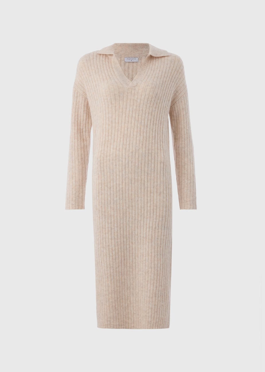 Cream Open Collar Knitted Dress