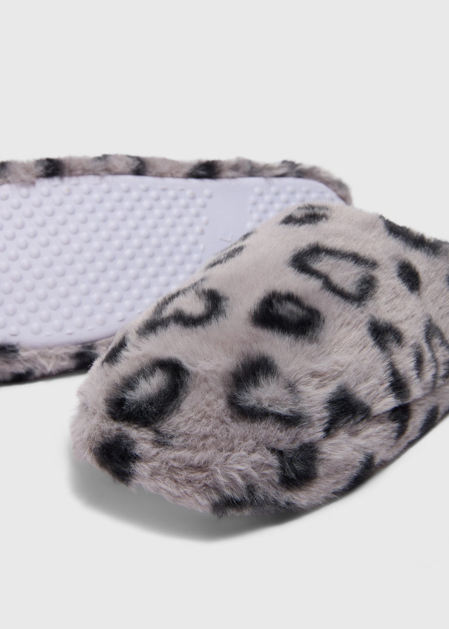 Grey Heart Animal Print Mule Slippers