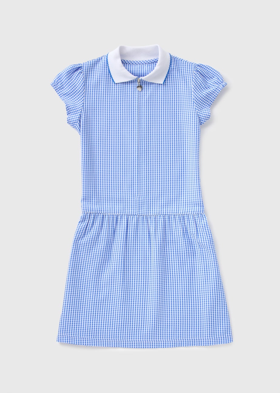 Girls Blue Gingham Knit Collar School Dress (3-13yrs)