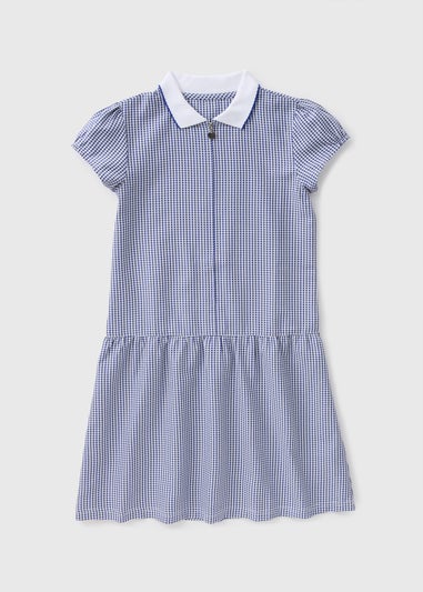 Girls Navy Gingham Knit Collar School Dress (3-13yrs)