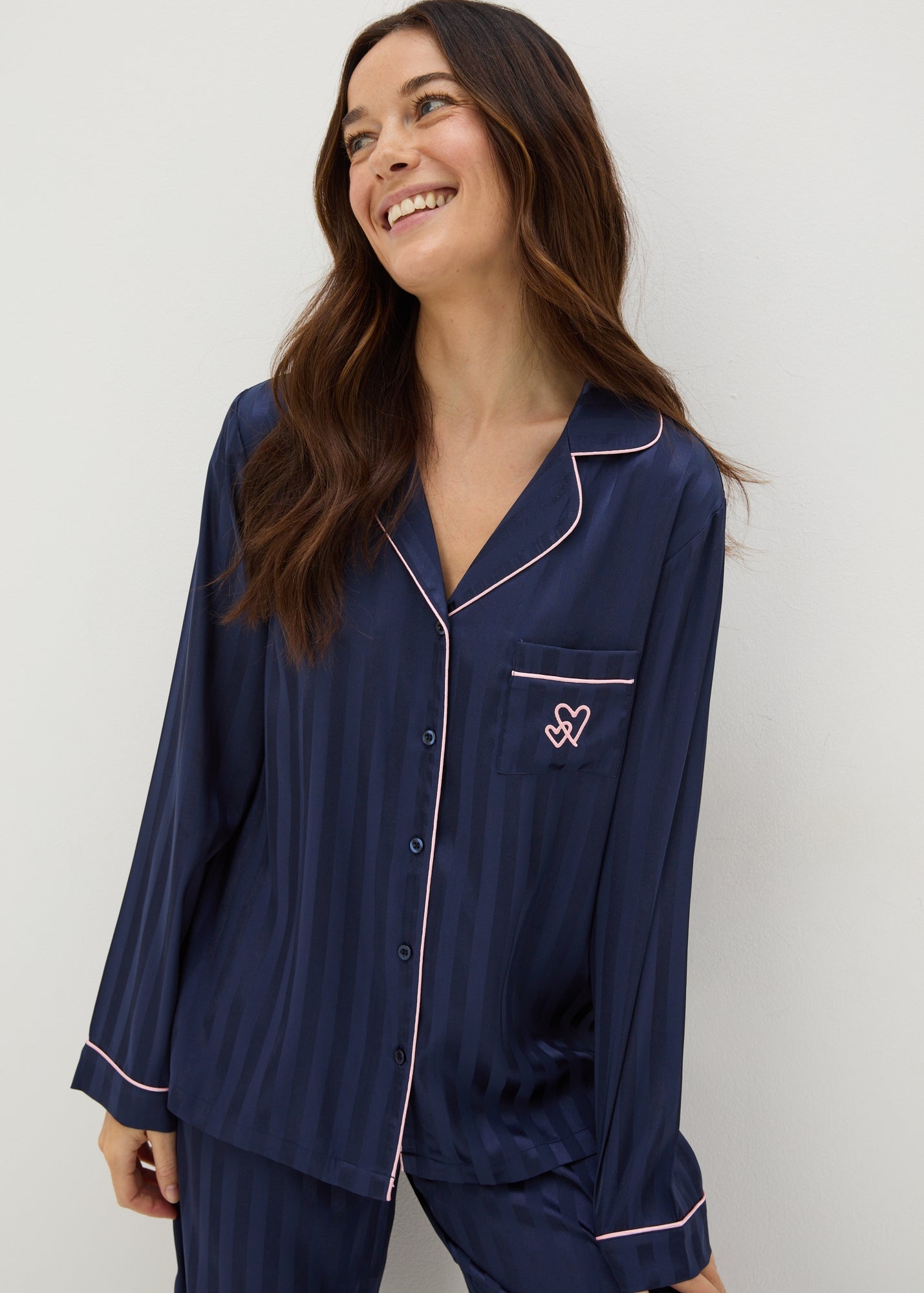 Navy Satin Stripe Pyjama Set - Matalan