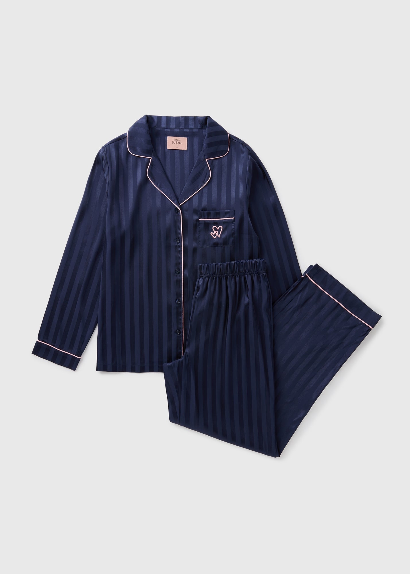 Navy Satin Stripe Pyjama Set - Matalan