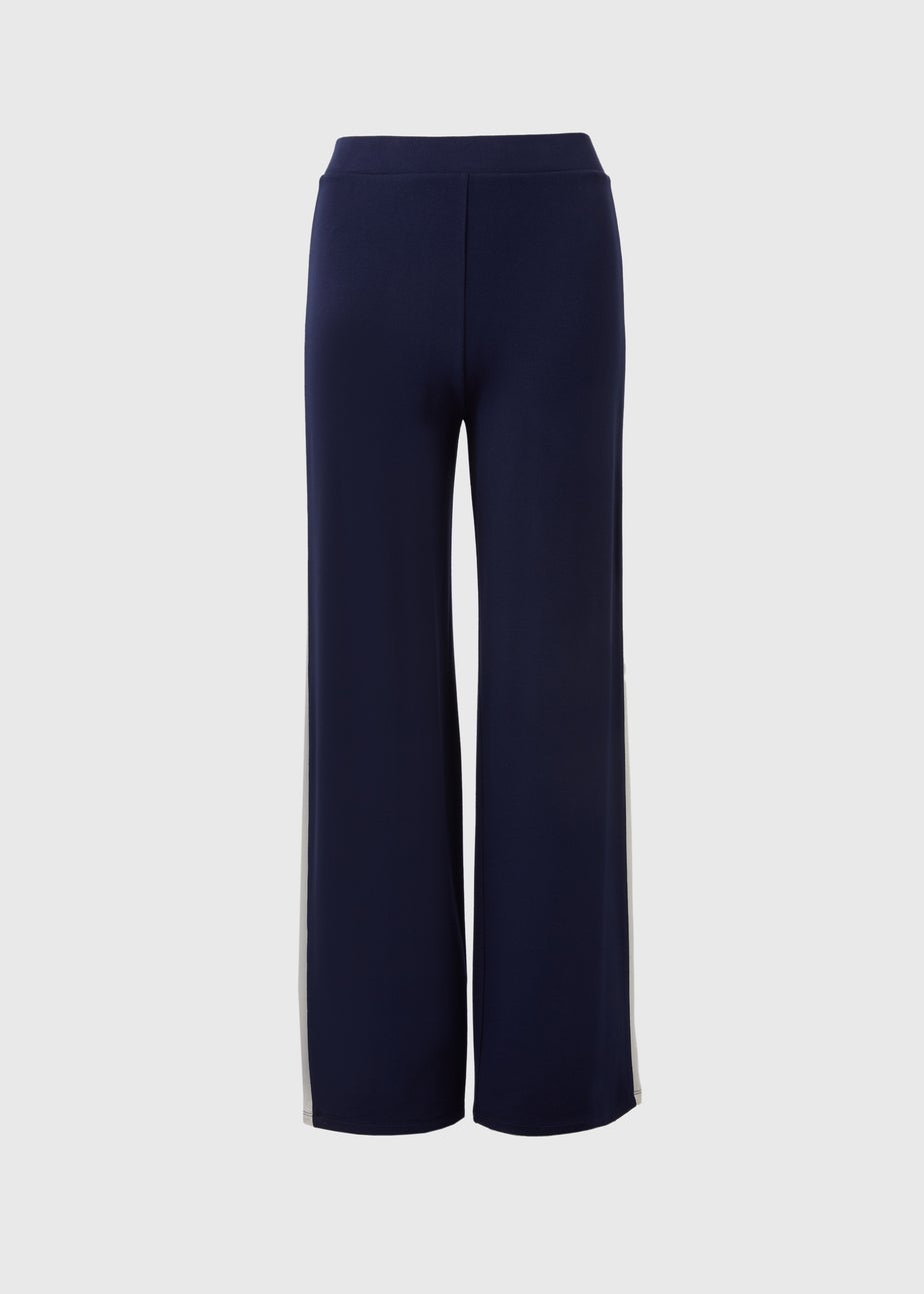 Navy Side Stripe Jersey Wide Leg Trousers