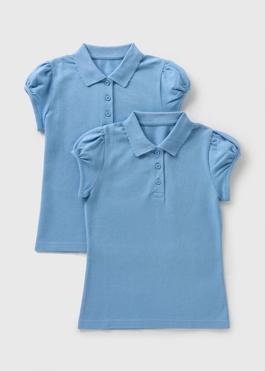 2 Pack Girls Light Blue Scallop Collar School Polo Shirts (3-13yrs)