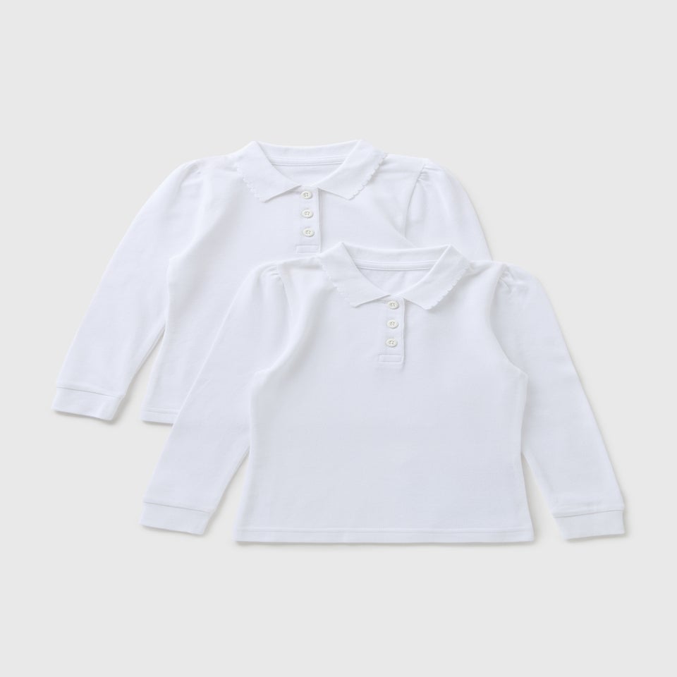 2 Pack Girls White Long Sleeve Polo Shirt (3-13yrs)