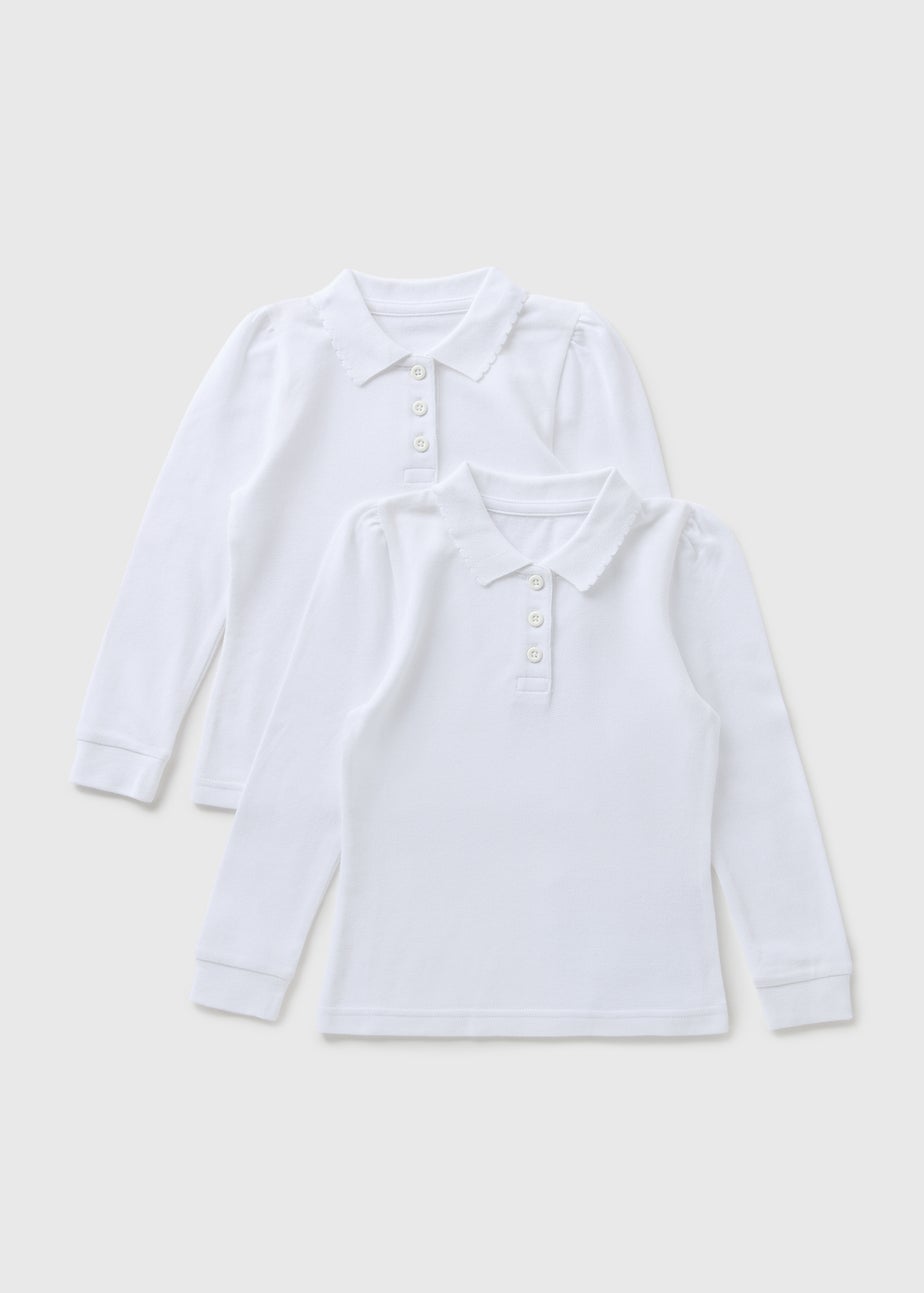 2 Pack Girls White Long Sleeve Polo Shirt (3-13yrs)