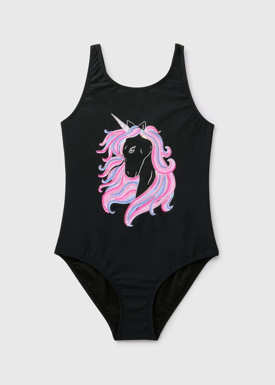 Girls Black Unicorn Swimsuit (6-13yrs)