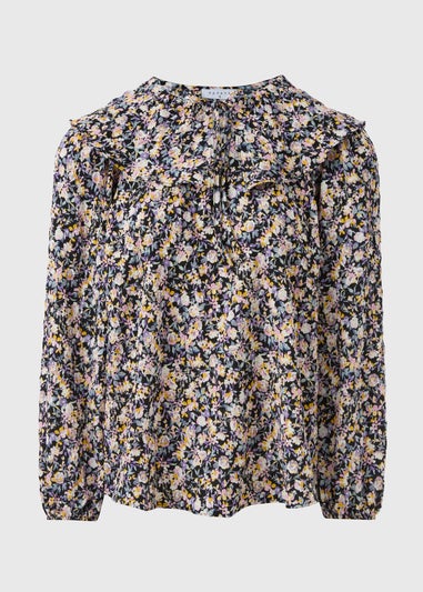 Black Floral Oversized Collar Blouse