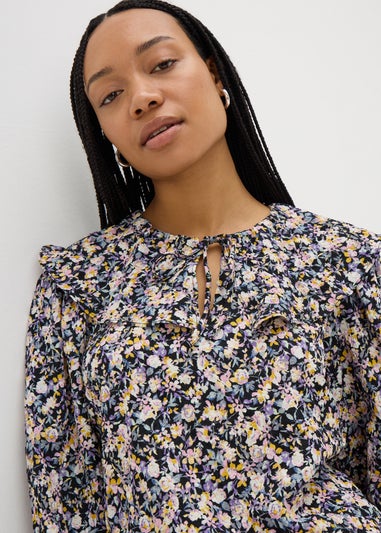 Black Floral Oversized Collar Blouse