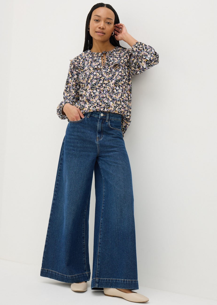 Black Floral Oversized Collar Blouse