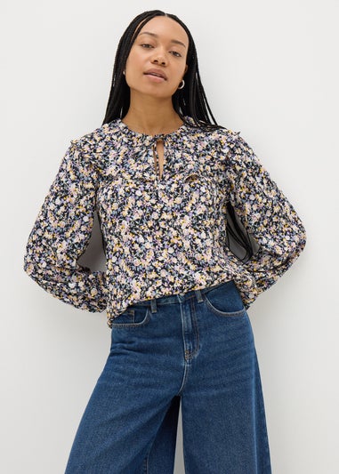Black Floral Oversized Collar Blouse