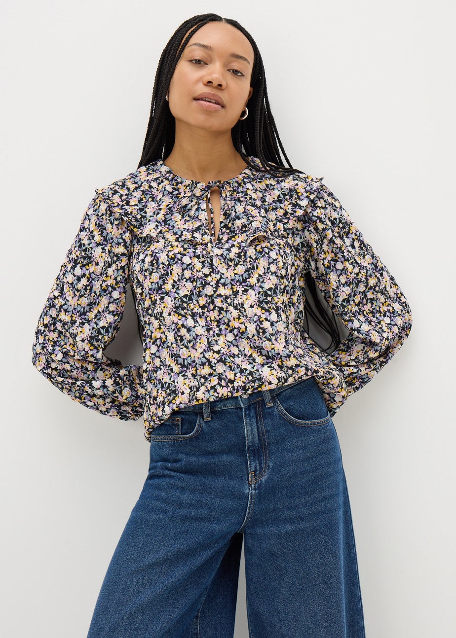 Black Floral Oversized Collar Blouse