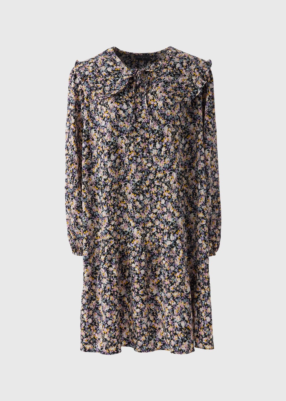 Black Floral Oversized Collar Mini Dress