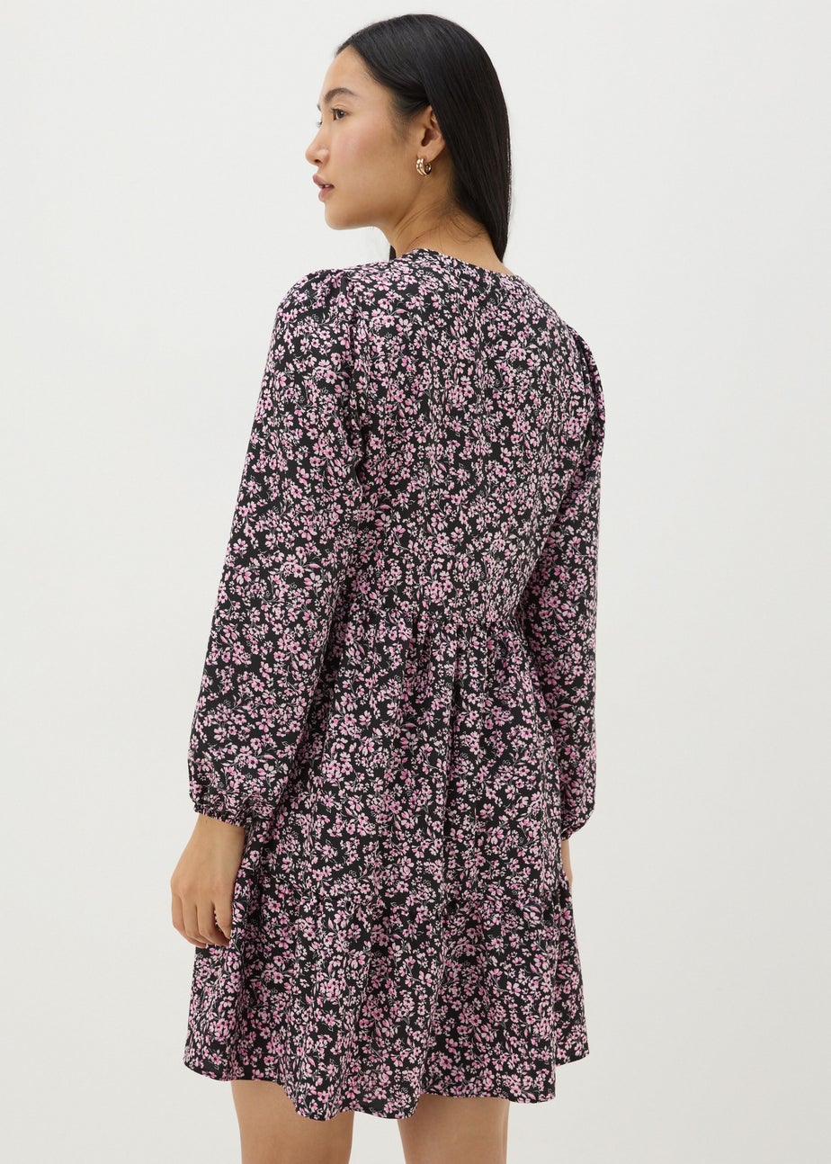 Pink Floral Print Smock Mini Dress