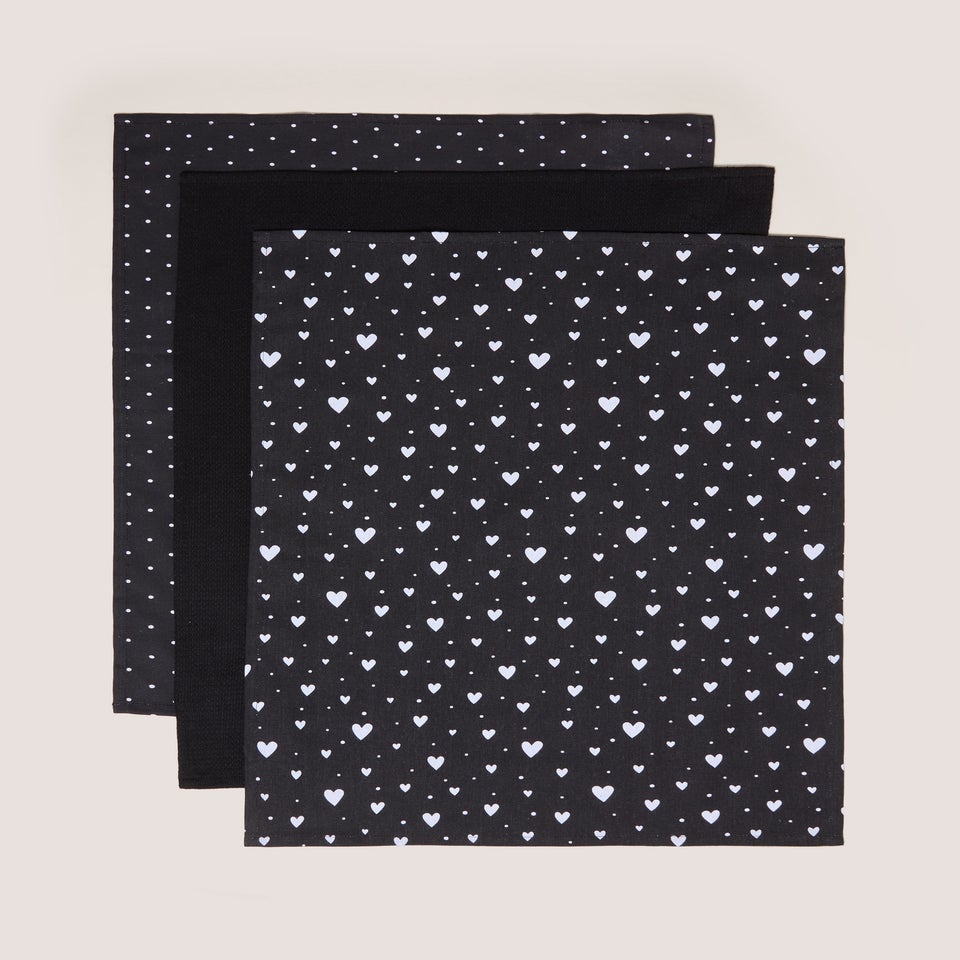 Black & White 3 Pack Heart Print Tea Towel