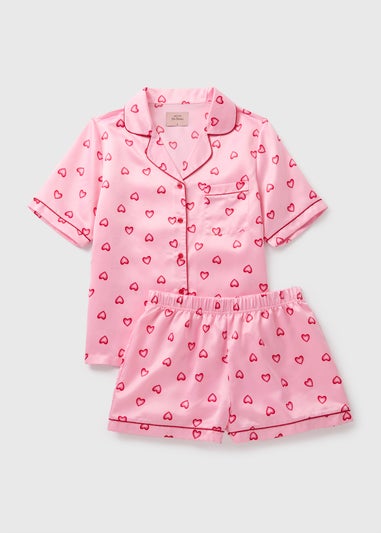 Pink Hearts Satin Pyjama Shorts Set