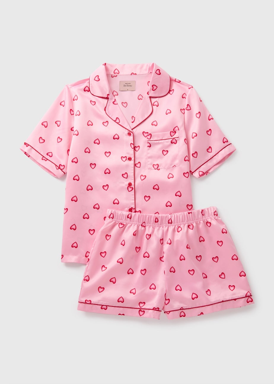 Pink Hearts Satin Pyjama Shorts Set