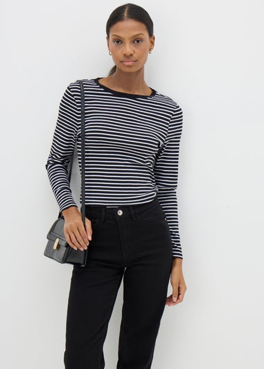Black Fitted Long Sleeve Stripe Top