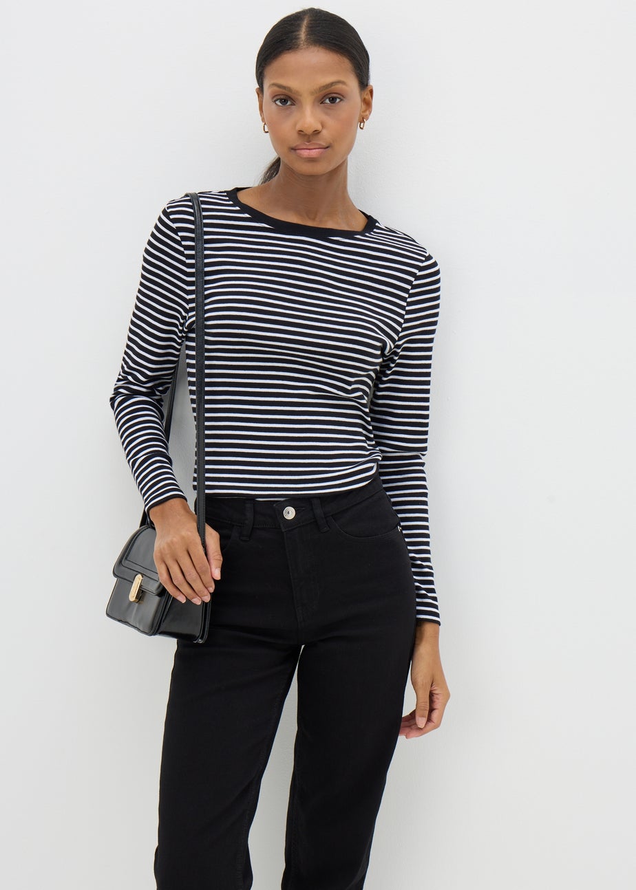 Black Fitted Long Sleeve Stripe Top