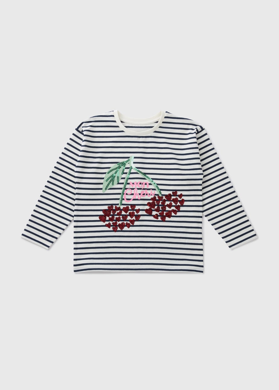 Girls Cream Stripe Cherry Long Sleeve Top (1-7yrs)