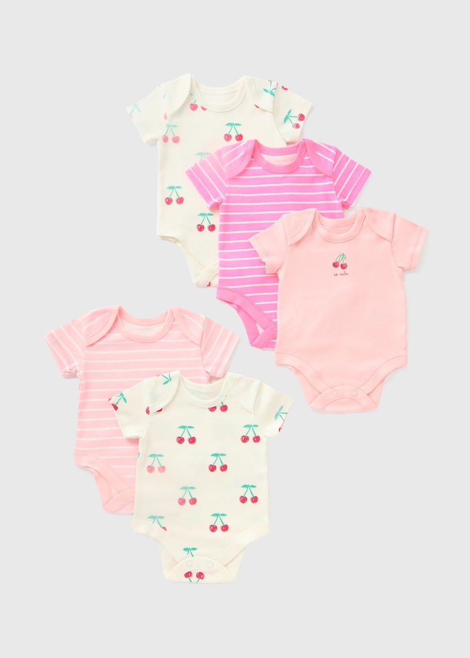 5 Pack Baby Pink Cherry Stripe Bodysuits (Newborn-23mths)