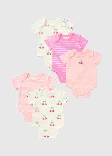 5 Pack Baby Pink Cherry Stripe Bodysuits (Newborn-23mths)