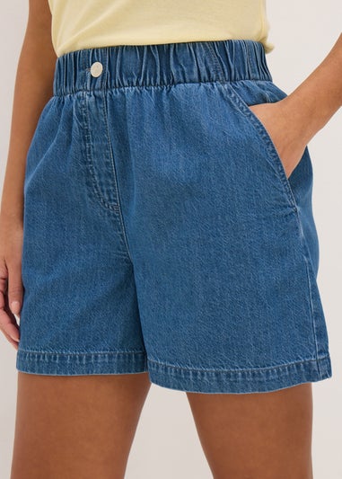 Blue Mid Wash Cotton Paper Bag Shorts