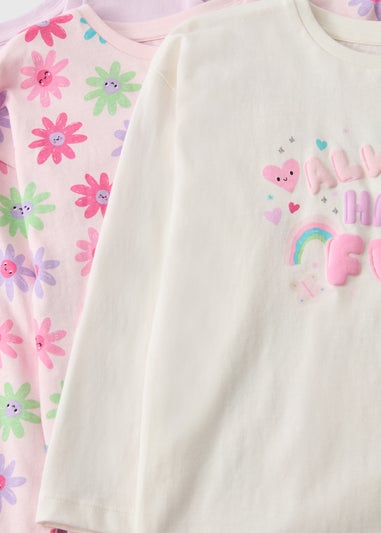 3 Pack Girls Pink Fun Floral Long Sleeve Tops (1-7yrs)