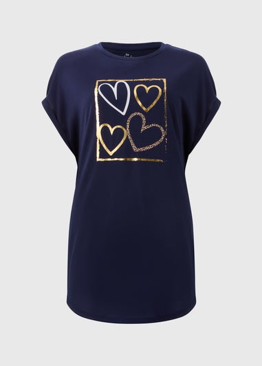 Navy Metallic Heart Longline T-Shirt