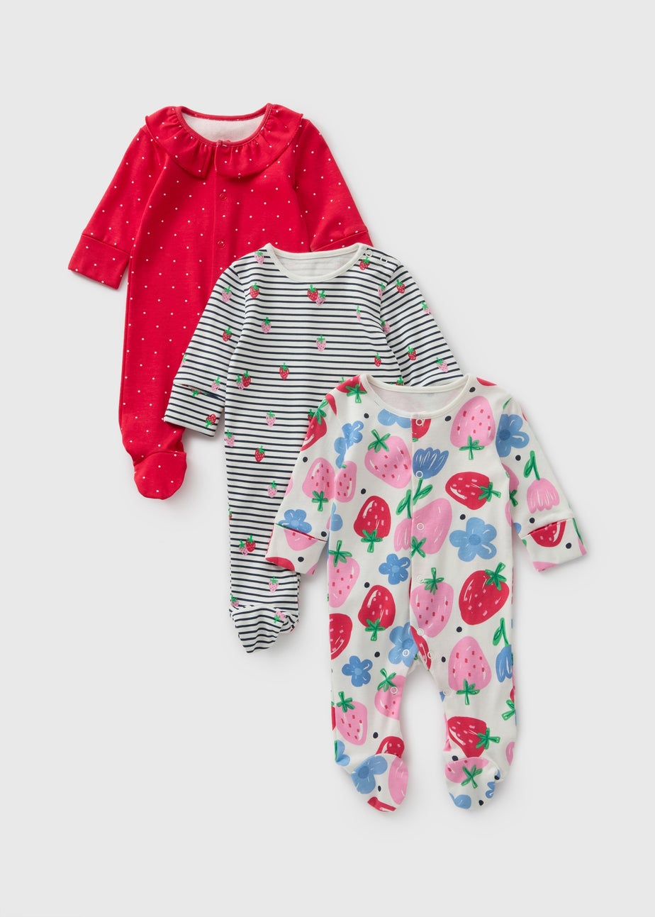 3 Pack Baby Red Strawberry Sleepsuits (Newborn-18mths)