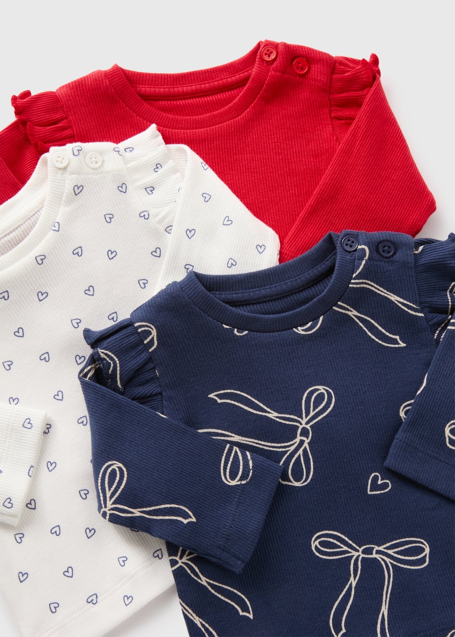3 Pack Baby Multicolour Bow Heart Long Sleeve Tops (Newborn-23mths)