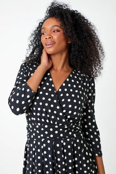 Roman Black Petite Polka Dot Midi Stretch Dress