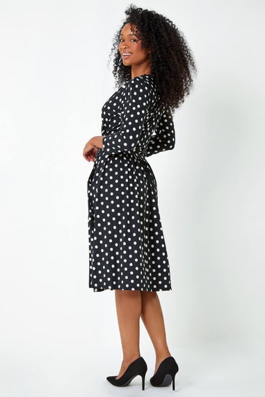 Roman Black Petite Polka Dot Midi Stretch Dress