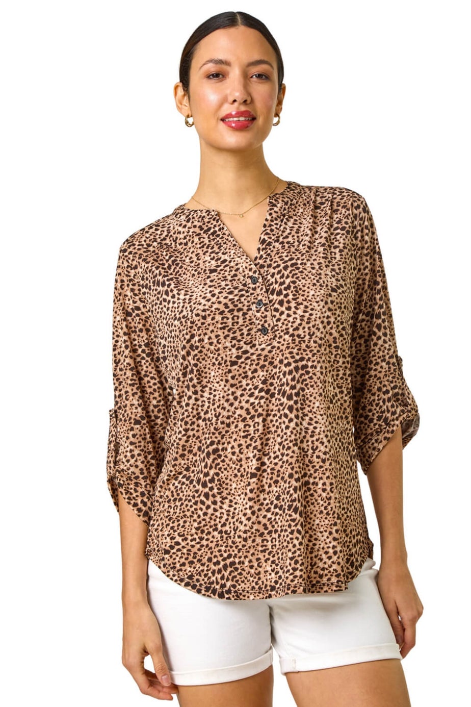 Roman Beige Animal Print Stretch Blouse